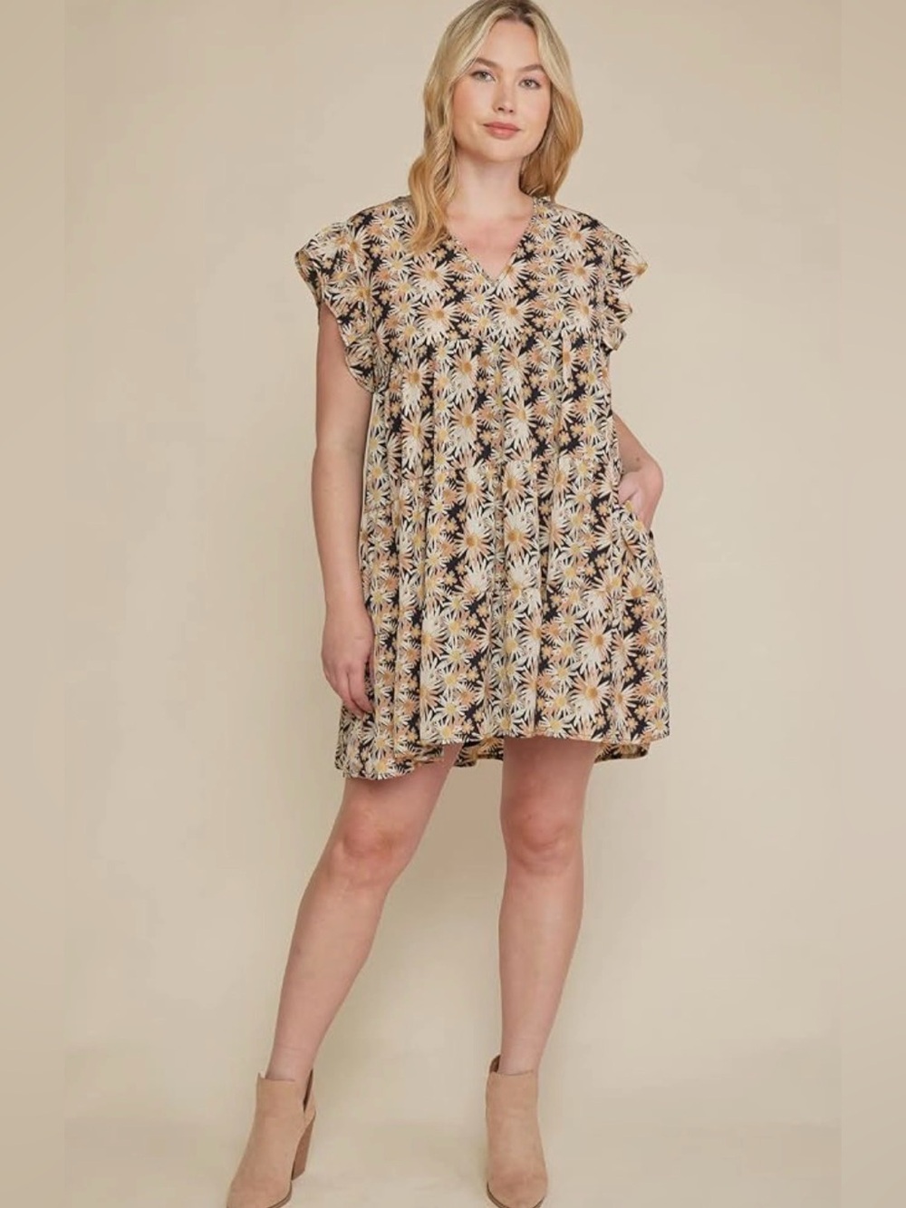 Entro Floral Daisy Boho Cottagecore Babydoll Mini Dress Ruffle Sleeve SzL